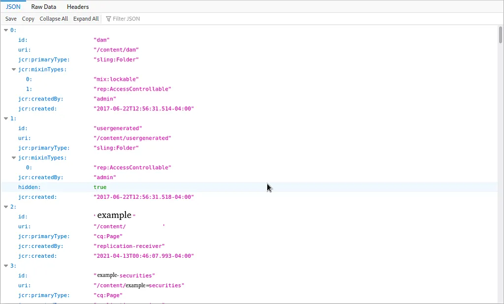 JSON listing of the site’s /content directory returned through the Dispatcher bypass