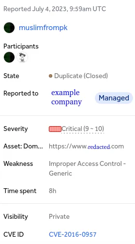 HackerOne report card: Duplicate (Closed), severity Critical (9 ~ 10), Improper Access Control, CVE-2016-0957