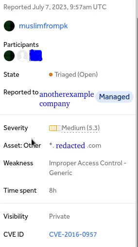 HackerOne report card: Triaged (Open), severity Medium (5.3), Improper Access Control, CVE-2016-0957